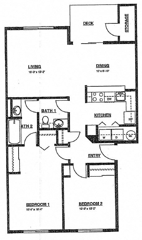Floor plan for 2 beds, 1 bath, 925 sqft